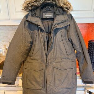 Eddie Bauer Charcoal Men's Superior Down Stadium Coat with Faux Fur Hood